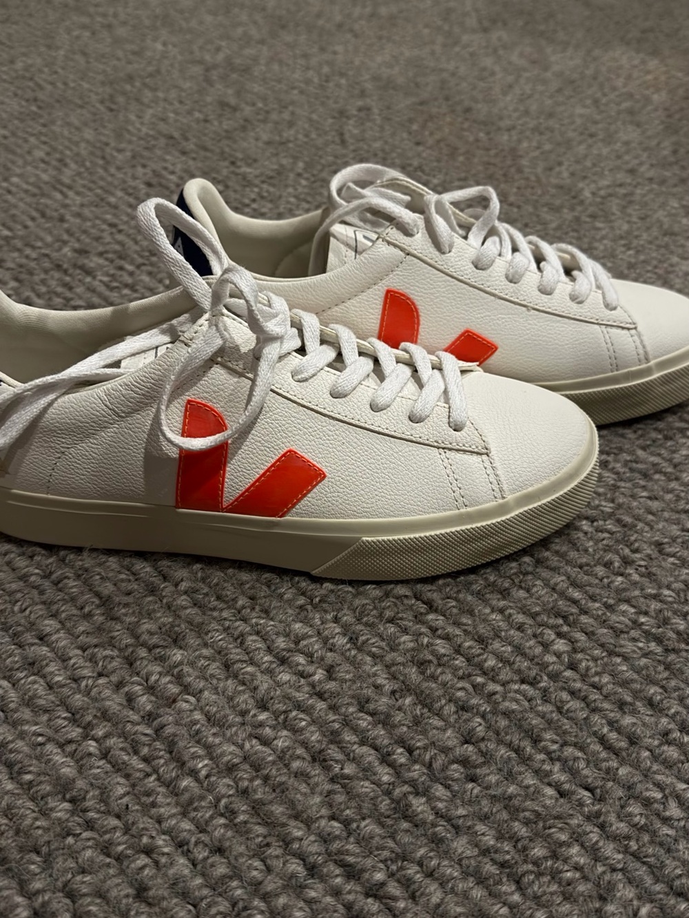 Veja Low-Top Leather Sneakers in White with Orange V